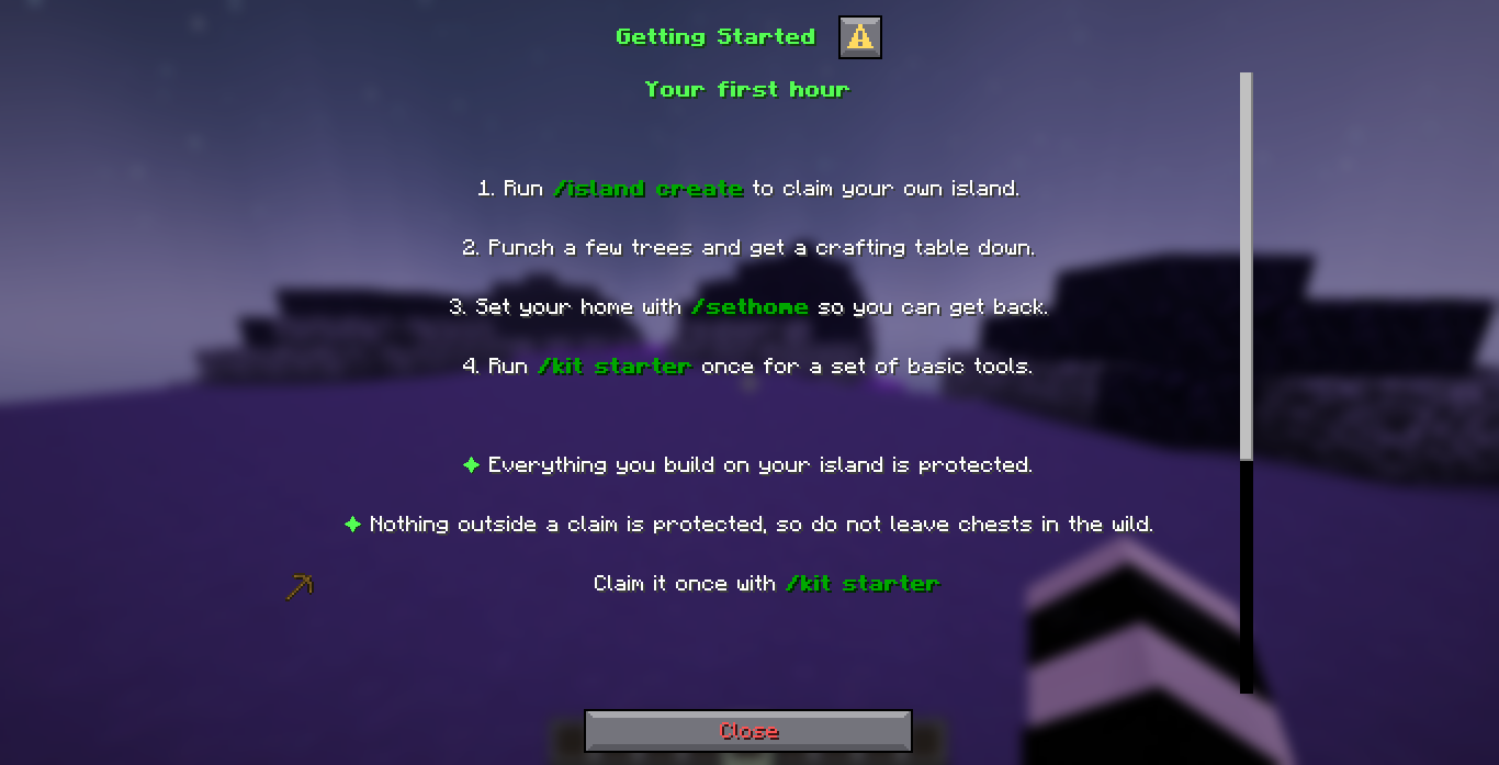 The Getting Started page of the shipped guide, titled Getting Started rather than Server Guide: a heading reading Your first hour, four numbered steps with the commands in green, two bullet lines about protection, and a wooden pickaxe item card reading Claim it once with /kit starter.