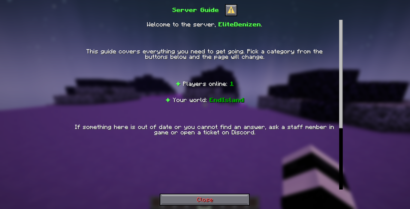 The Welcome page of the shipped server guide: a line reading Welcome to the server, EliteDenizen, a paragraph about the guide, two bullet lines reading Players online: 1 and Your world: EndIsland, and a closing paragraph about asking staff.