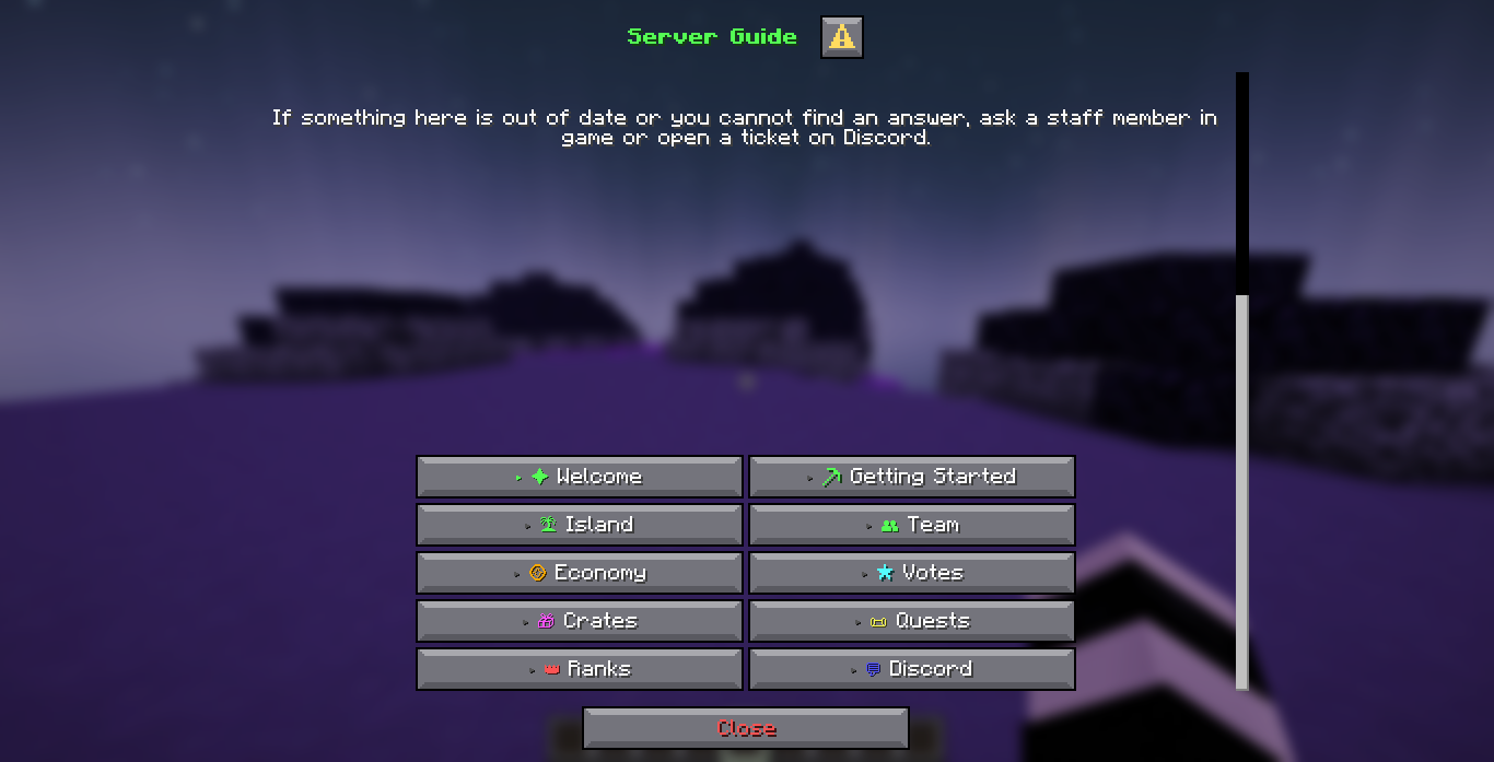 The shipped server guide in the stacked layout on a 1.21.7 server: a line of body text, a two column grid of ten category buttons and the close button below them.