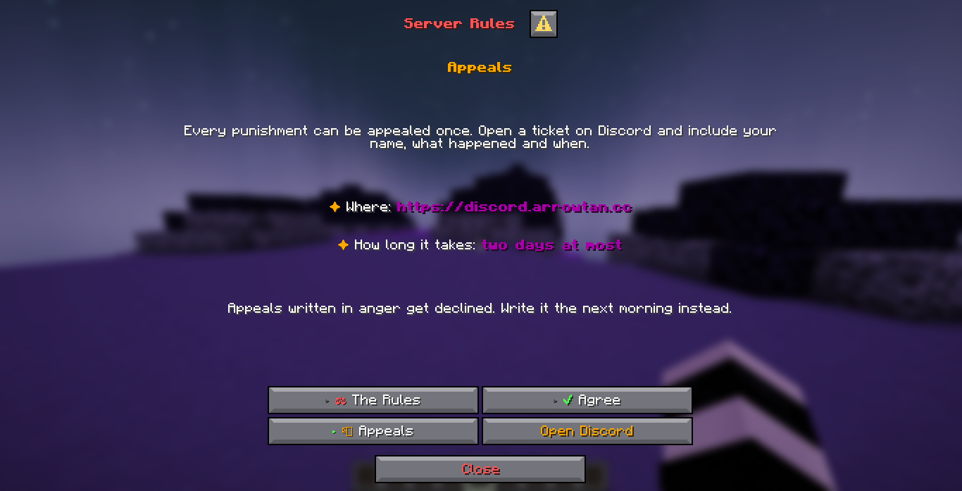 The Appeals page of the shipped rules menu: a paragraph about appealing once, two bullet lines giving the Discord link and how long it takes, the category buttons The Rules, Agree and Appeals, a page button reading Open Discord, and a Close button.