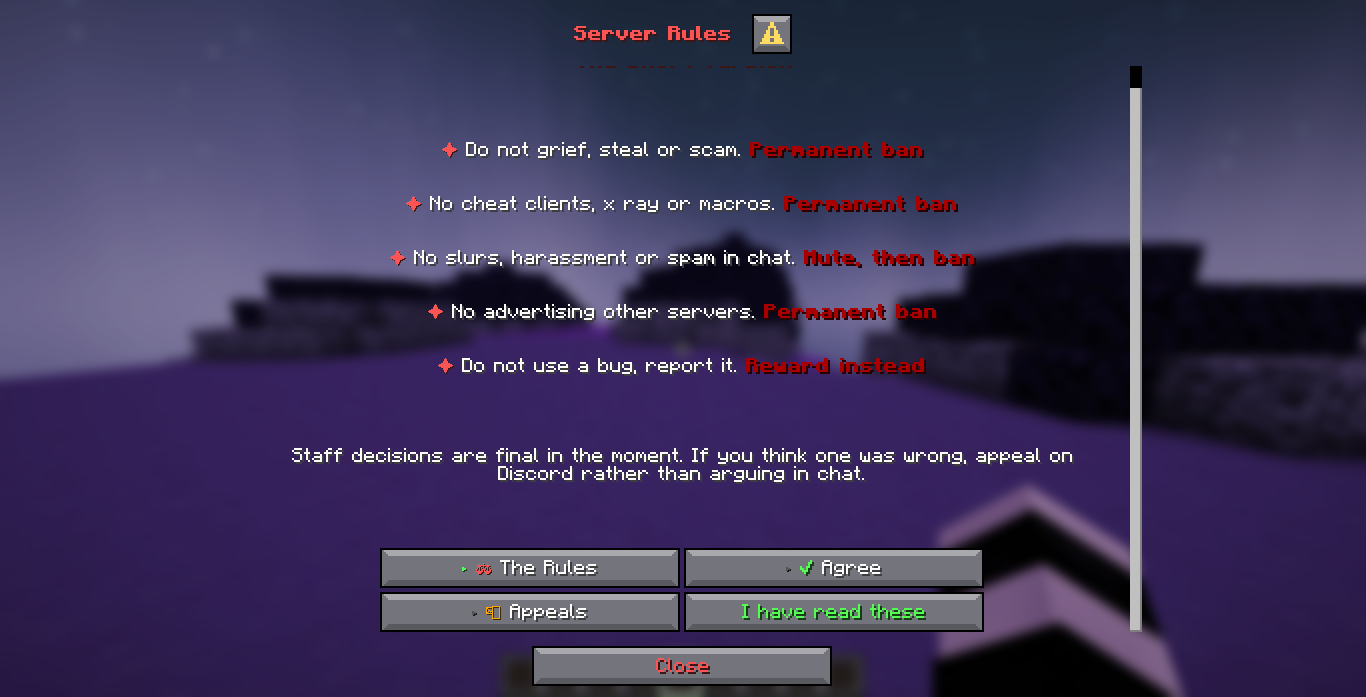 The Rules page of the shipped rules menu: five rules as bullet lines with the punishment in red at the end of each, a paragraph about appeals, then the category buttons The Rules, Agree and Appeals, a page button reading I have read these, and a Close button.