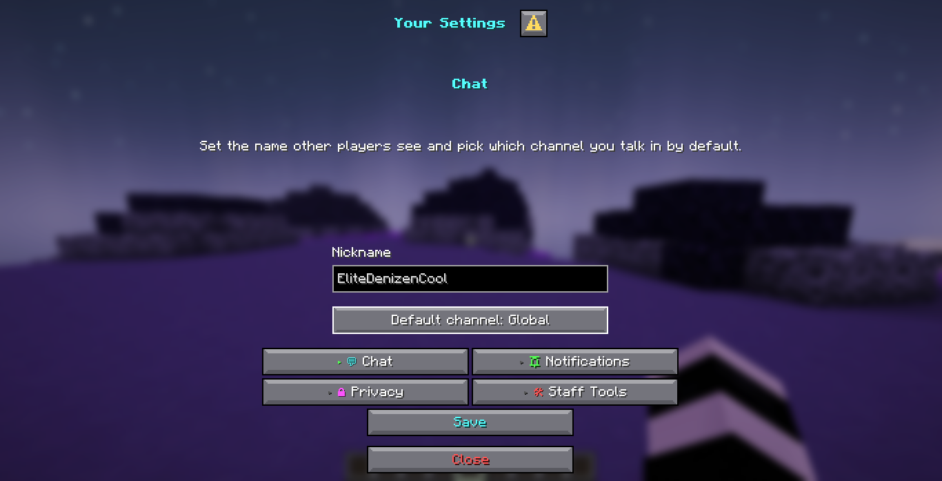 The Chat page of the shipped settings menu: a text field labelled Nickname holding EliteDenizenCool, a dropdown reading Default channel: Global, the four category buttons, a Save button and a Close button.