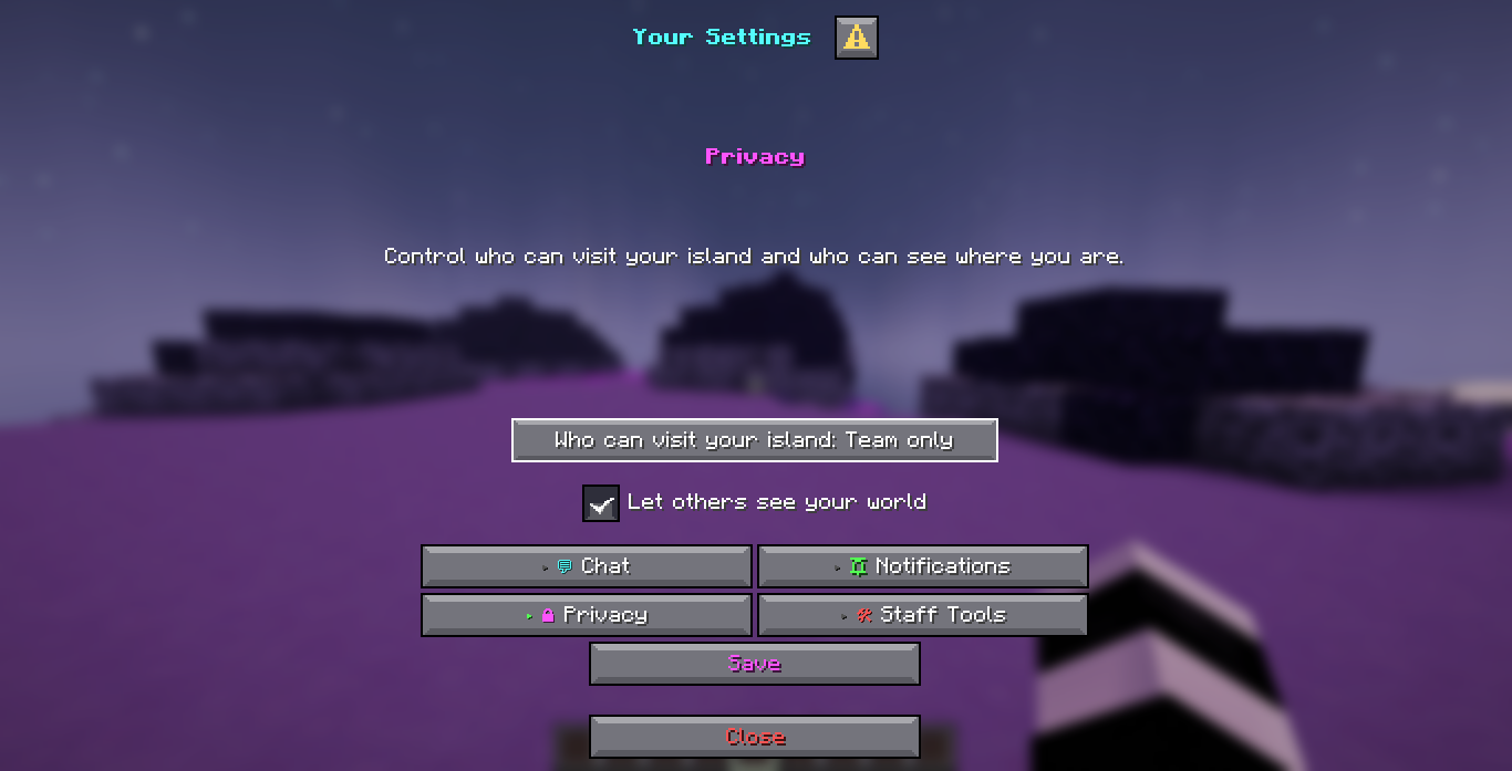The Privacy page of the shipped settings menu: a dropdown reading Who can visit your island, a ticked toggle reading Let others see your world, the four category buttons, a Save button and a Close button.