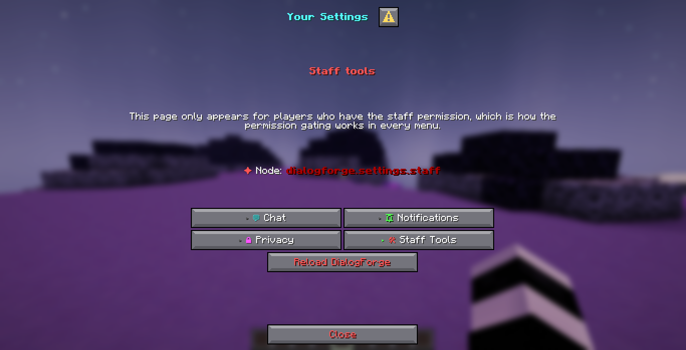 The Staff Tools page of the shipped settings menu, headed Staff tools: a paragraph saying the page only appears for players with the staff permission, a bullet line reading Node: dialogforge.settings.staff, the four category buttons, a page button reading Reload DialogForge, and a Close button.