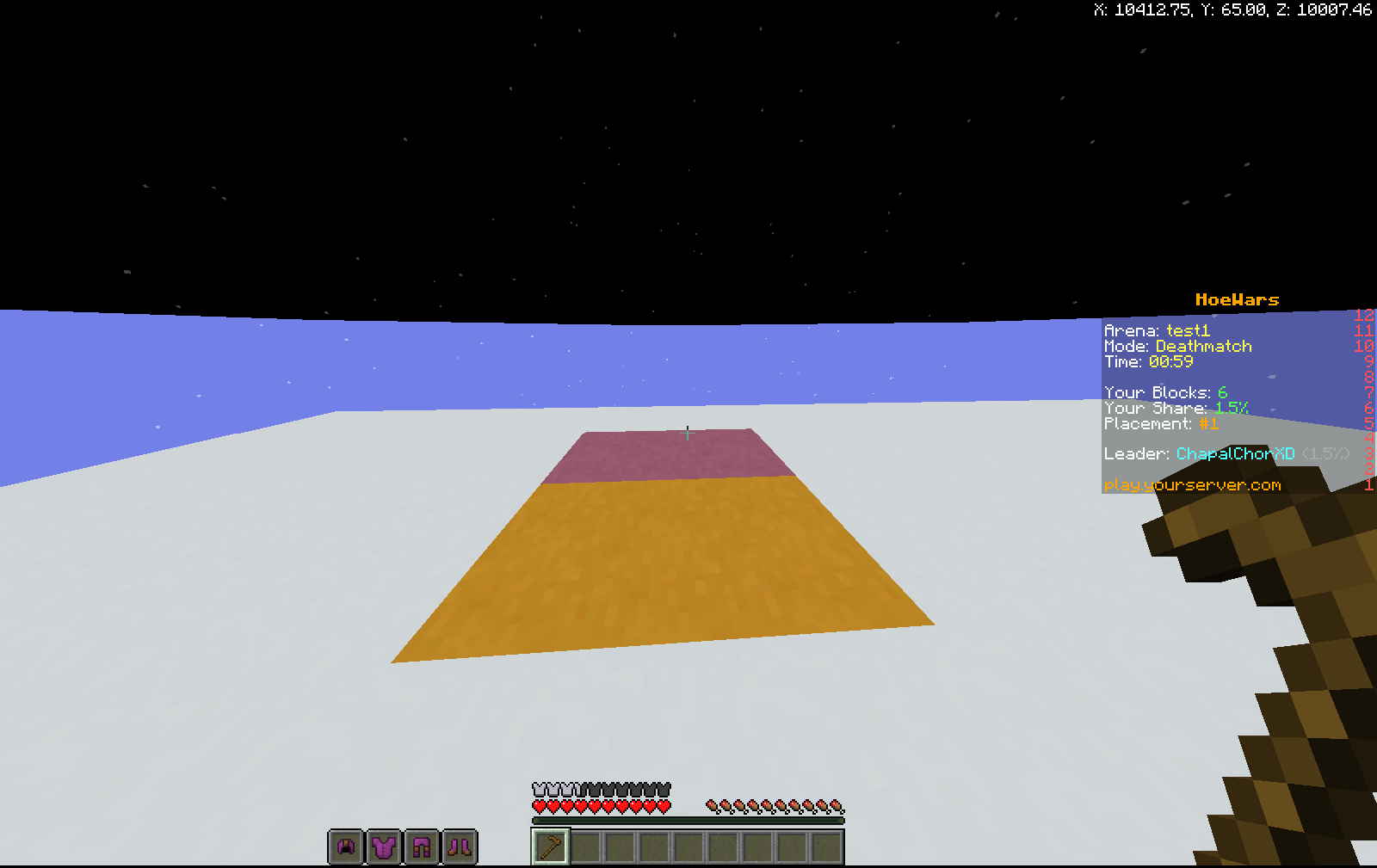 A match in progress, with claimed floor blocks showing each player's color