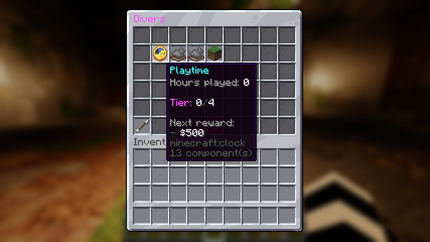 Hovering the built-in Playtime resource in the Divers menu, showing hours played and the next reward