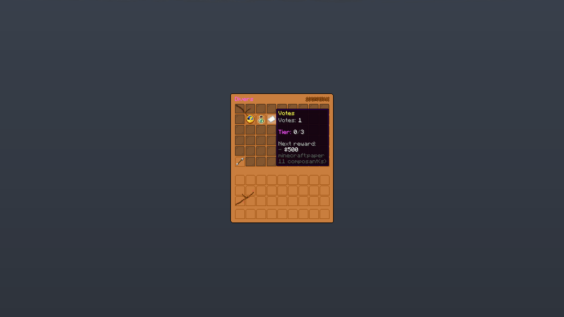 Hovering the Votes resource in the Divers menu, reading the live vote total from a placeholder
