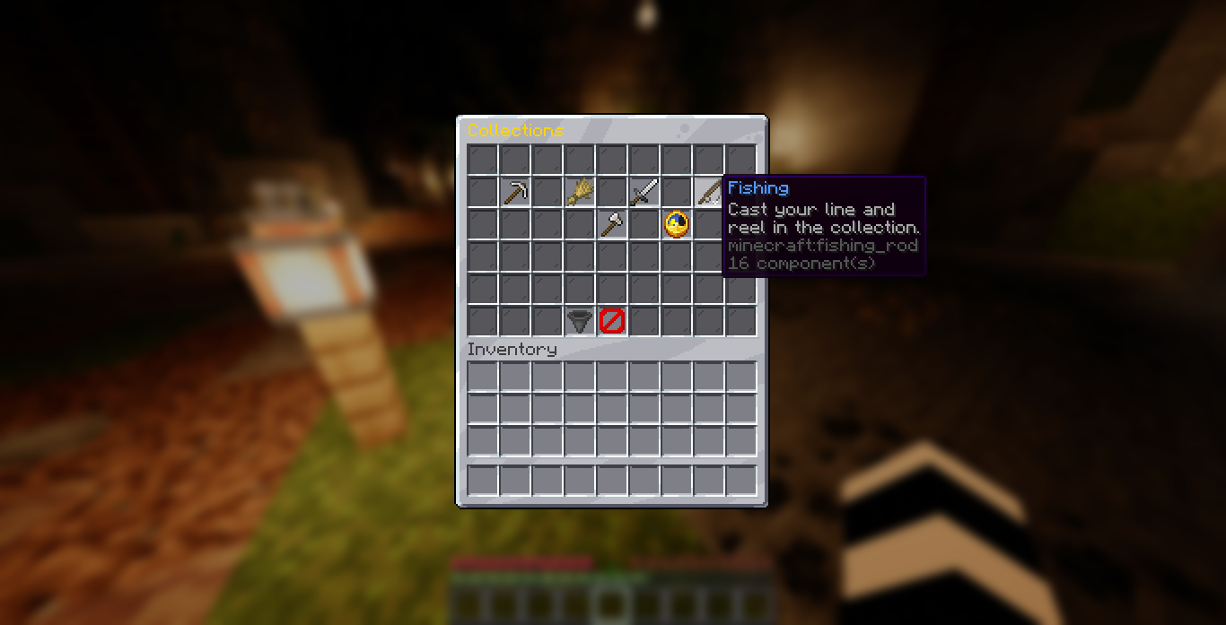 The main menu, hovering the Fishing collection to show its description